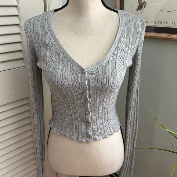 AEROPOSTALE Sweater Womens Medium Gray Cardigan Plunging V-Neck Fitted Retro Y2K - Picture 1 of 12